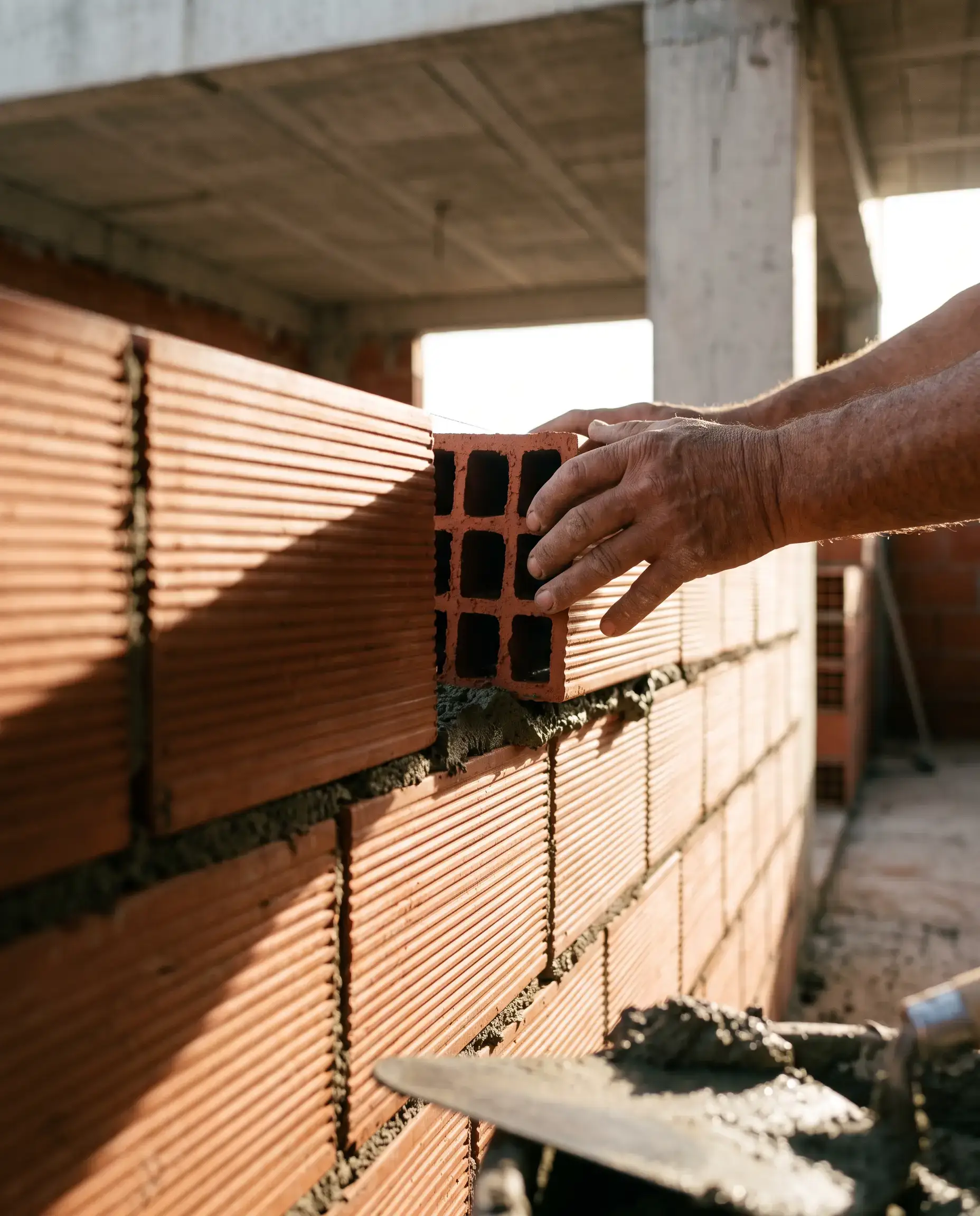 Pedreiro assentando bloco de vedação em obra
